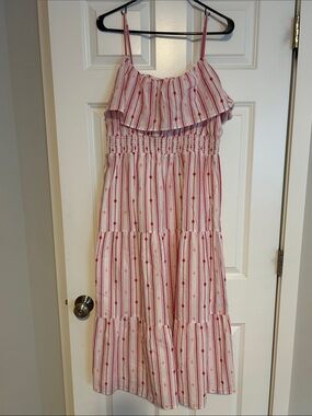 LOFT Pink and Red Striped Smocked Maxi Dress